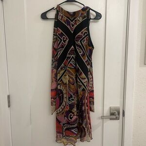 Vintage Y2K Geometric Mobwife Paisley Midi Dress in Black, Pink and Orange